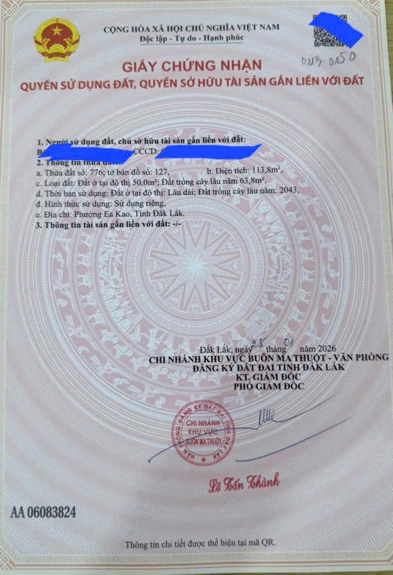 Bán đất hẻm Võ Văn Kiệt Phường Ea Tam 113m2 giá 1 tỷ 040 triệu