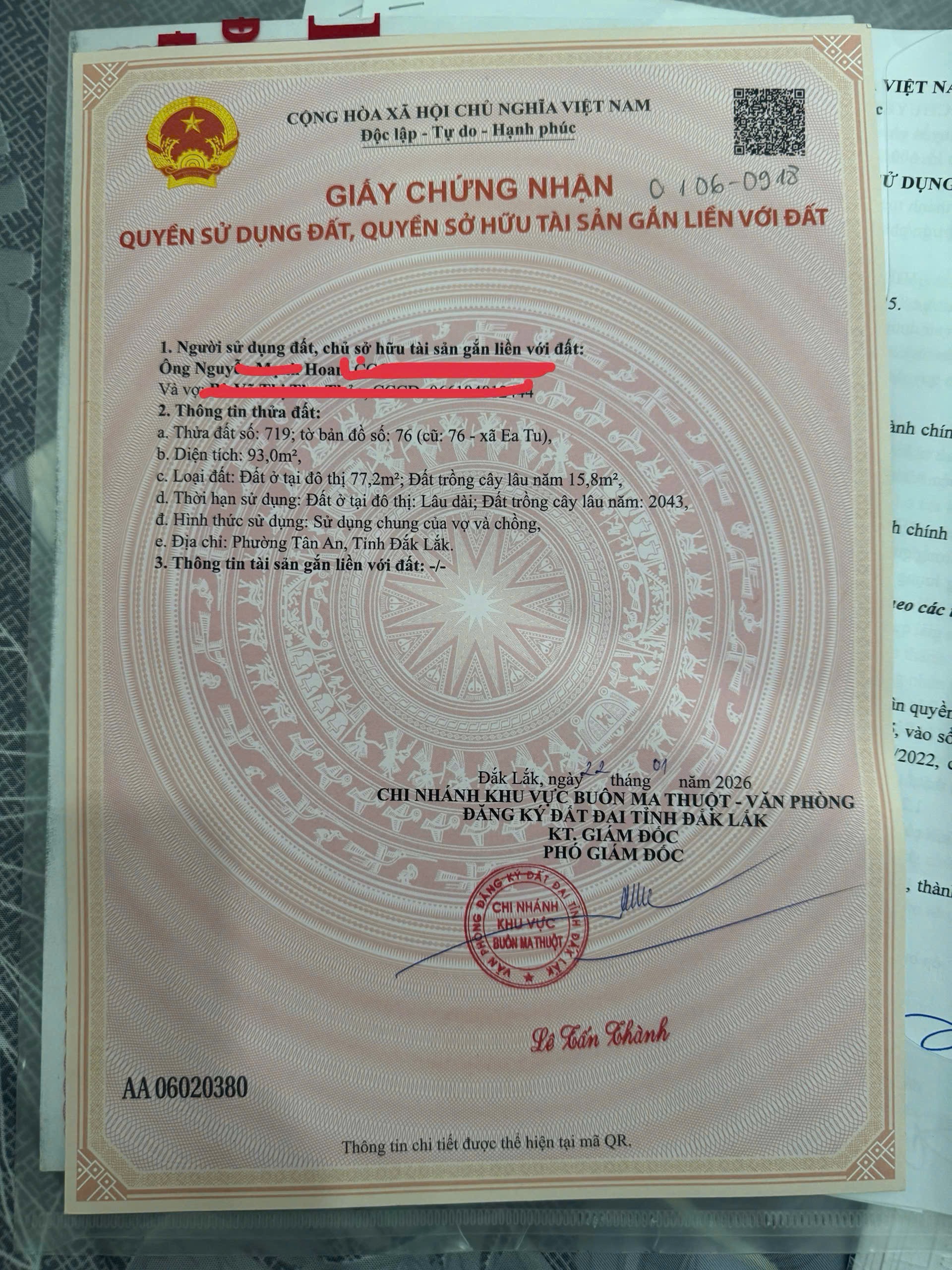Bán đất Eatu Tân An 95m² hướng Tây đường nhựa rộng 1 tỷ 089 triệu