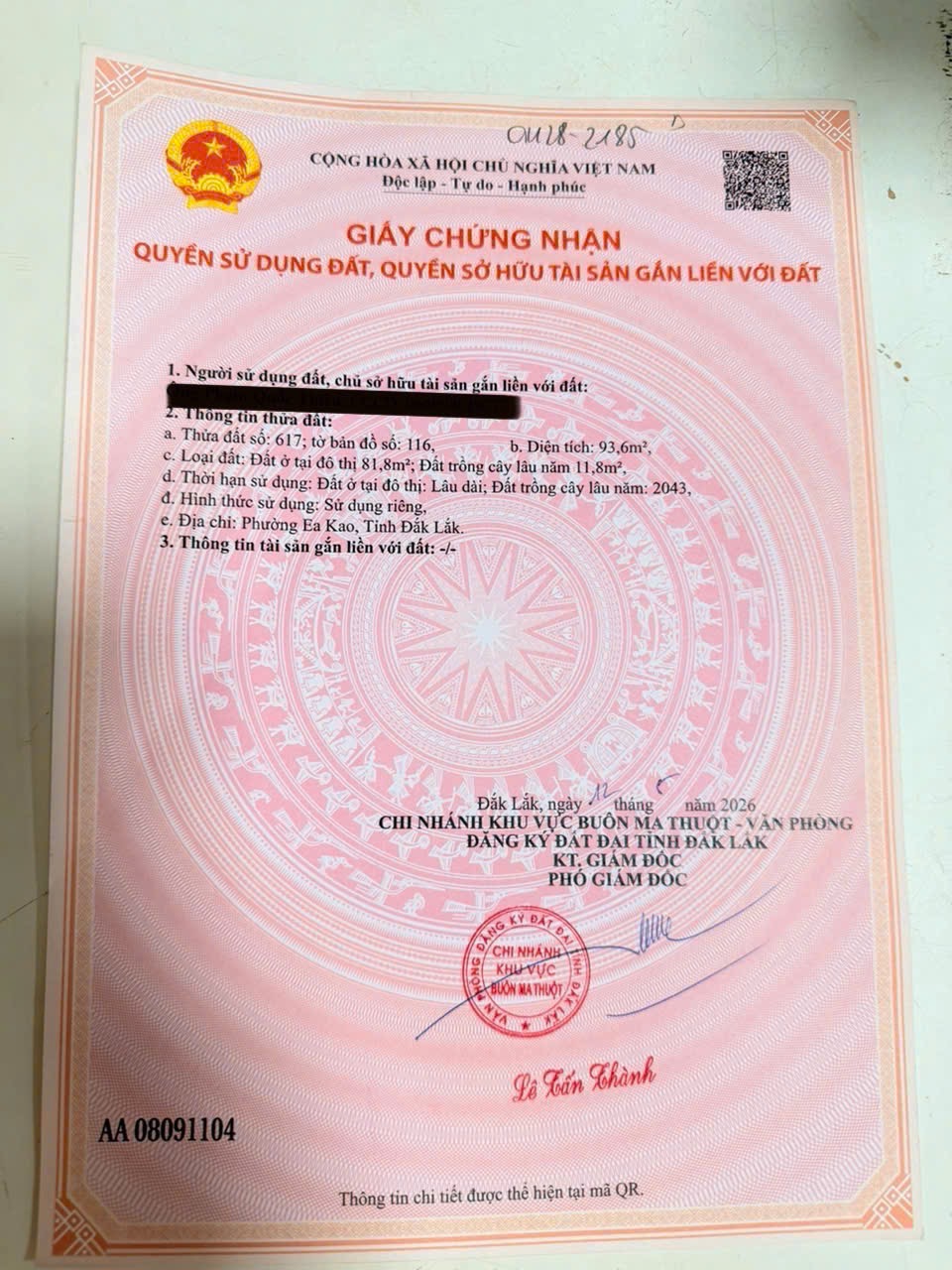 Bán đất hẻm Mai Thị Lựu Phường Ea Kao Buôn Ma Thuột 1,99 tỷ