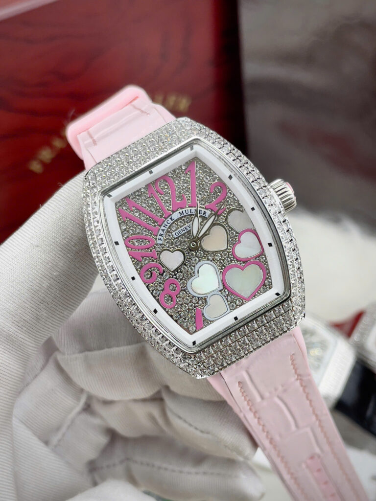 Đồng hồ Franck Muller V32 nữ đính full đá hồng mặt trái tim fake cao cấp 36mm