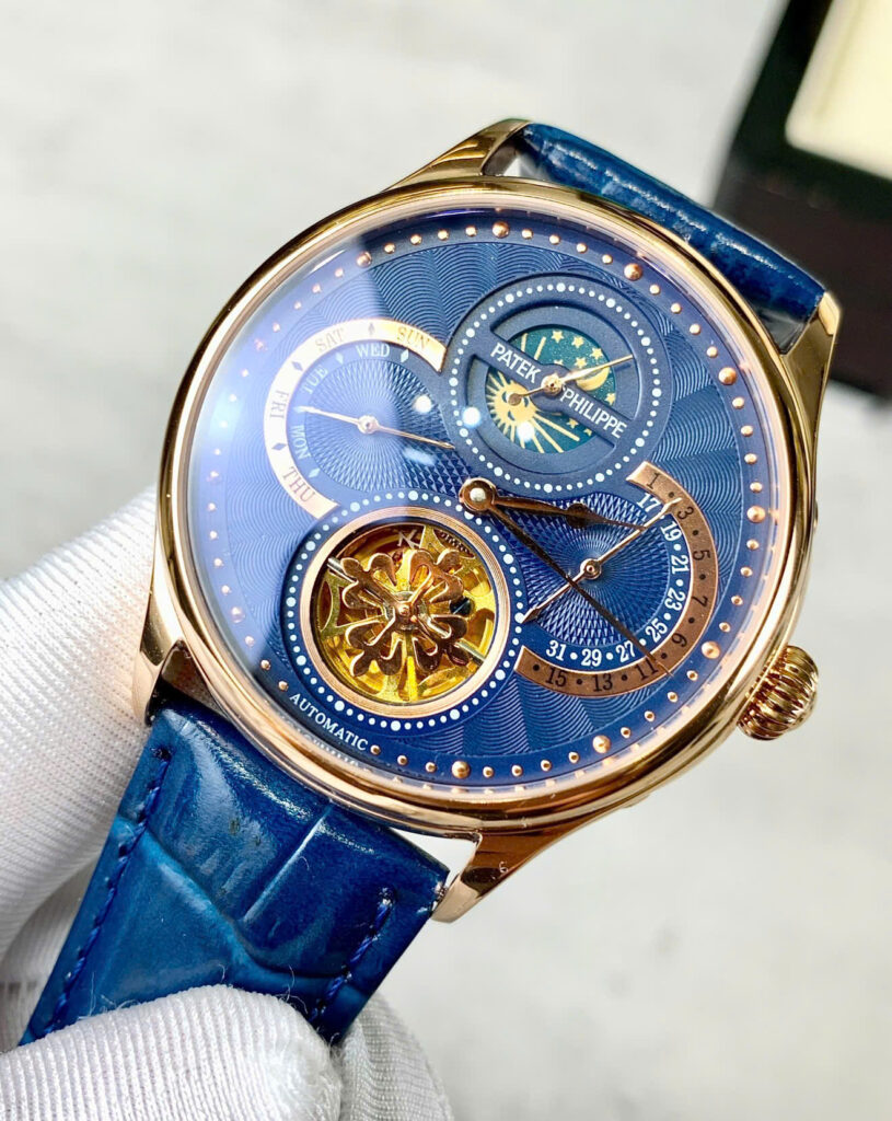 Đồng hồ Patek Philipe Geneve Moonphase dây da xanh blue fake 1:1 42mm