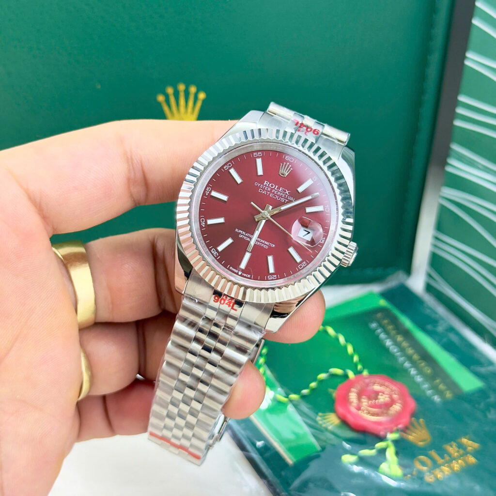 Đồng hồ Rolex Date Just nam mặt đỏ dây kim loại fake cao cấp 41mm
