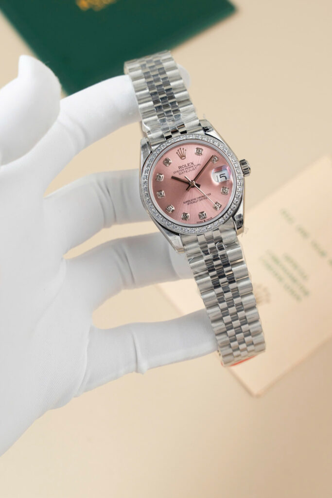 Đồng hồ Rolex DateJust Lady Replica 11 mặt hồng vành đính đá 31mm (2)