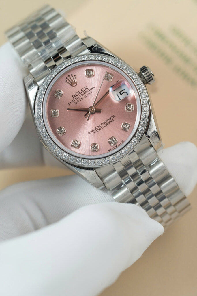 Đồng hồ Rolex DateJust Lady Replica 11 mặt hồng vành đính đá 31mm (2)