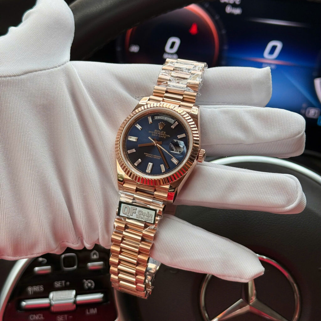 Đồng hồ Rolex Day-Date Chế Tác mặt xanh lục lam bọc vàng thật xưởng QF 40mm (2)