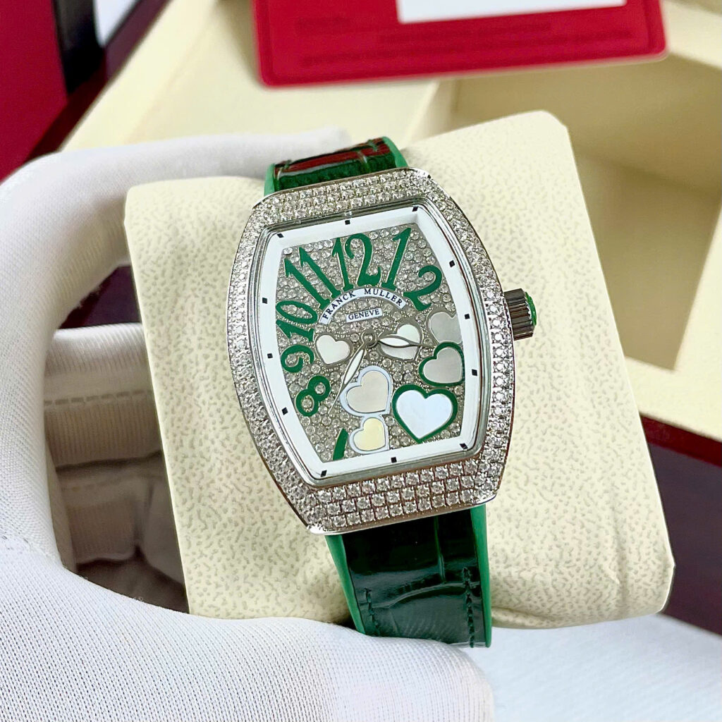 Đồng hồ Franck Muller V32 nữ xanh green đính full đá mặt trái tim fake cao cấp 36mm