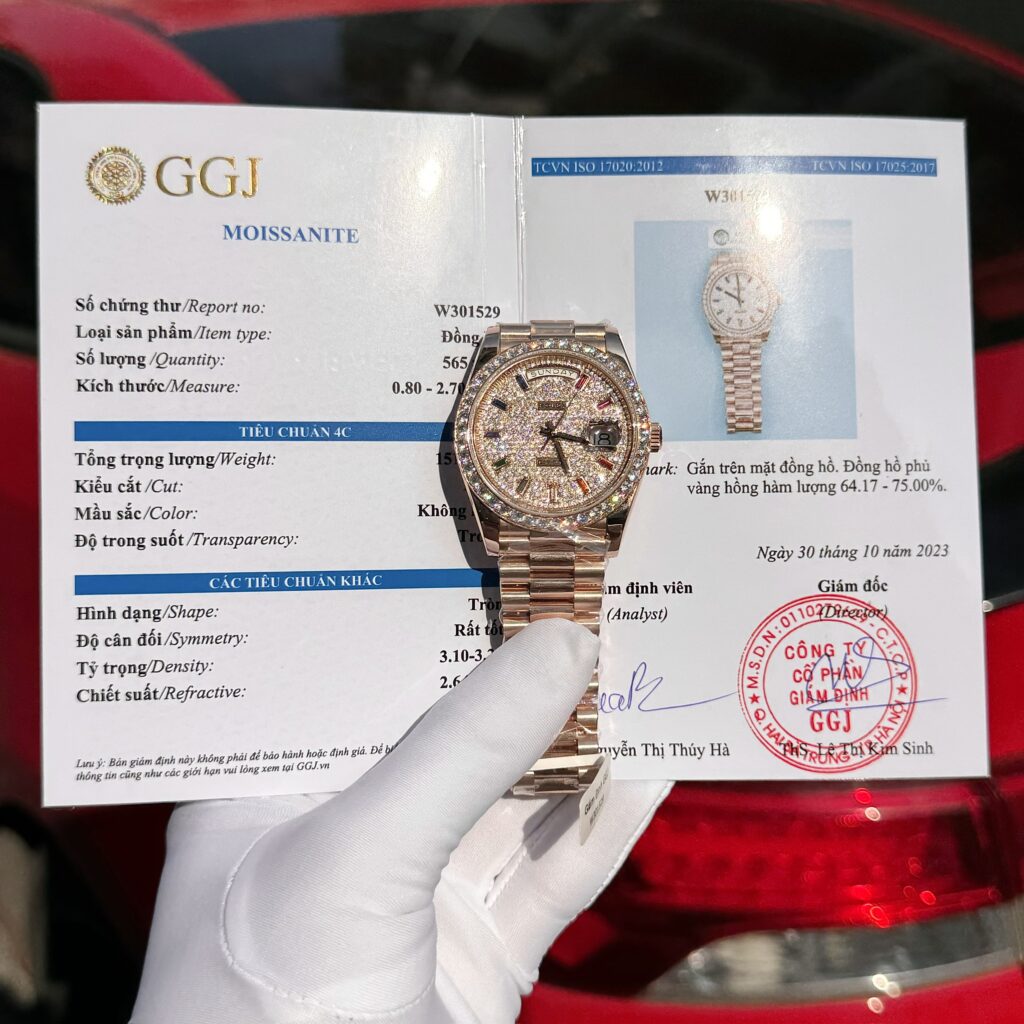 Đồng hồ Rolex Day-Date Replica 11 kim cương moissanite + bọc vàng hồng 18K xưởng GM 40mm (2)