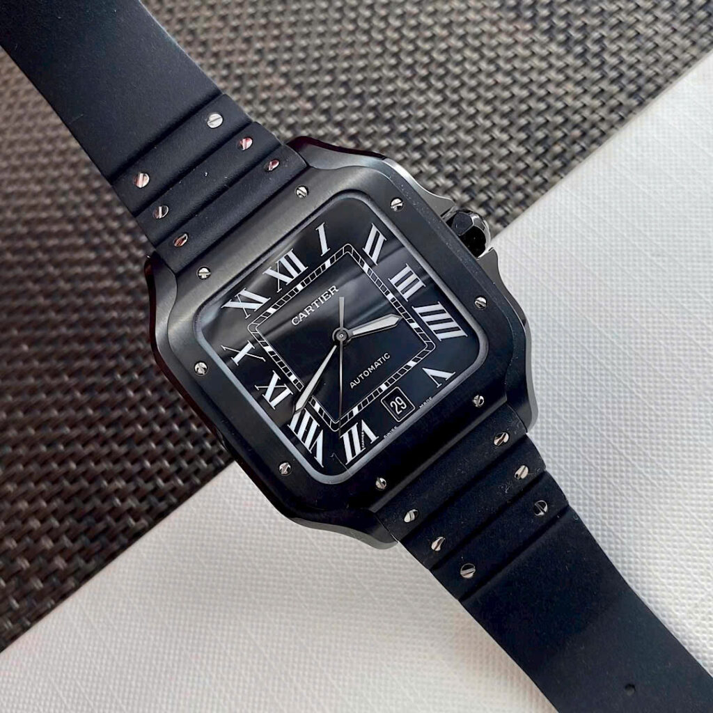 Đồng hồ nam Cartier Santos Replica 11 màu đen dây cao su xưởng BV 40mm (2)