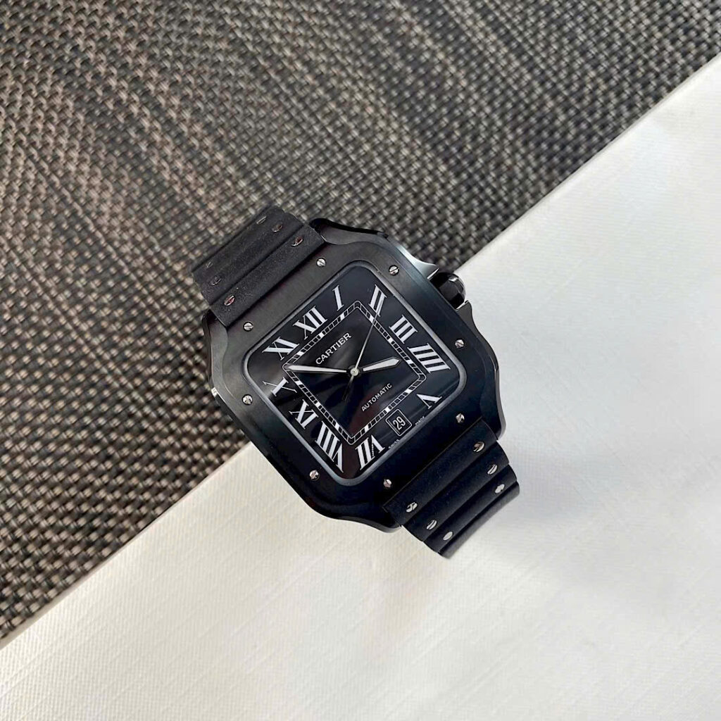 Đồng hồ nam Cartier Santos Replica 11 màu đen dây cao su xưởng BV 40mm (2)