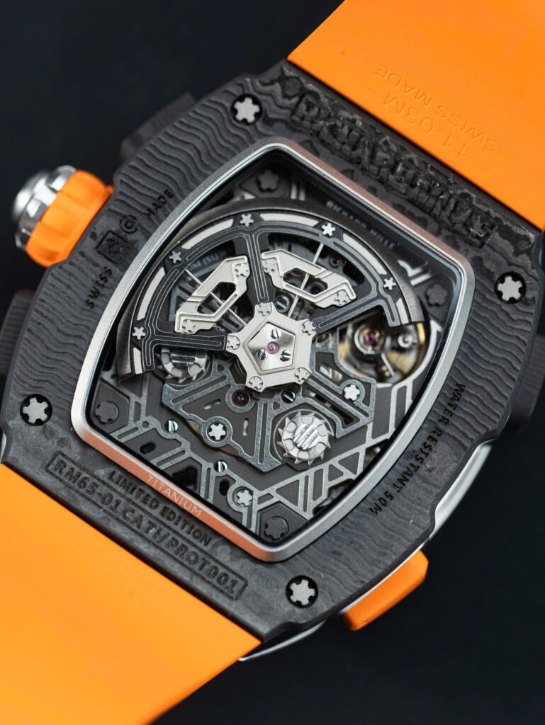 Đồng hồ Richard Mille RM65-01 màu cam Rep 11 vỏ carbon dây cao su 44.5×49 (2)