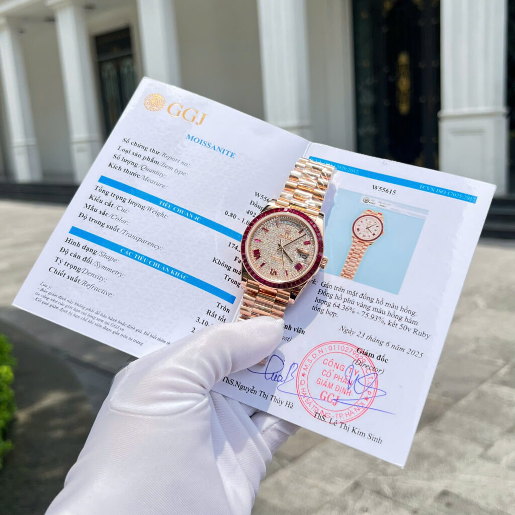 Đồng hồ Rolex Day-Date Replica 11 bọc vàng 18K + ruby tổng hợp + kim cương moissanite xưởng GM 40mm (2)