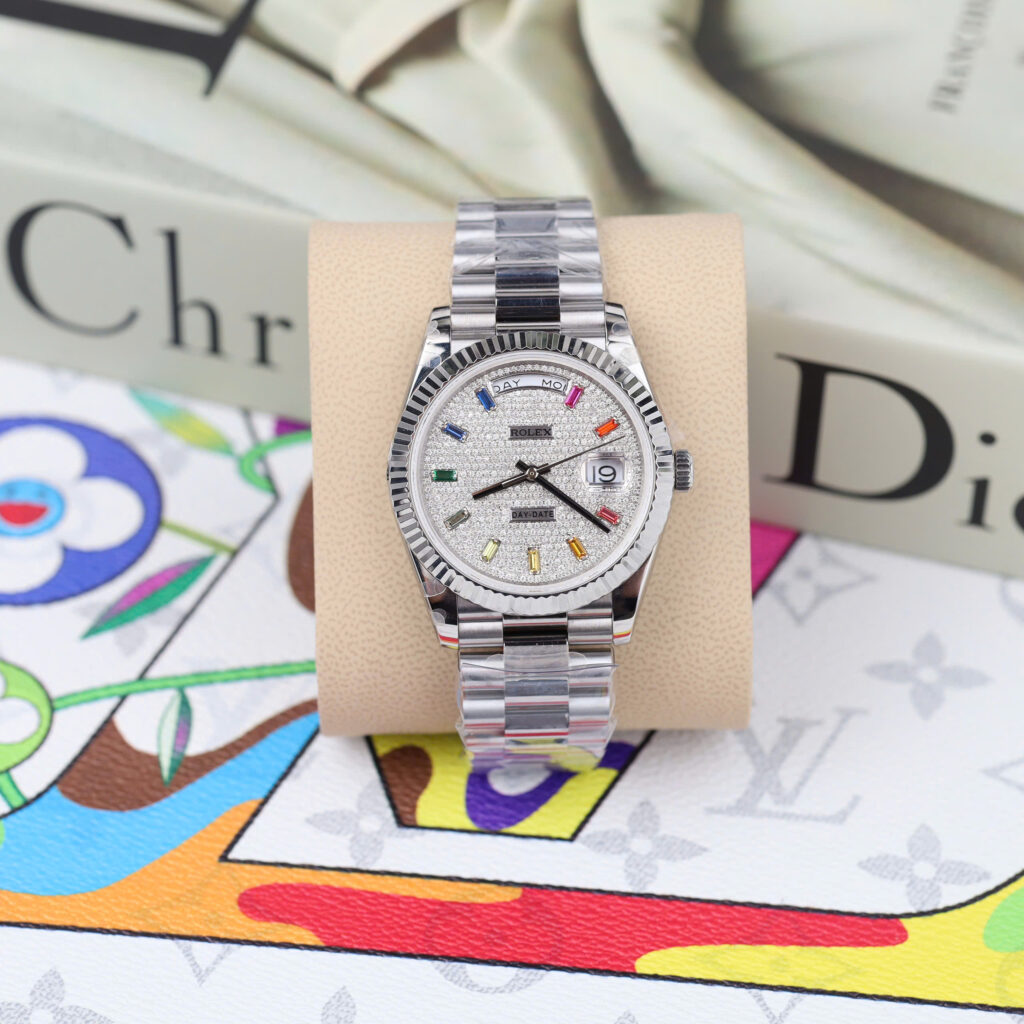 Đồng Hồ Rolex Day-Date Rep 11 mặt số đính full kim cương moissanite nhà máy GM 40mm (2)