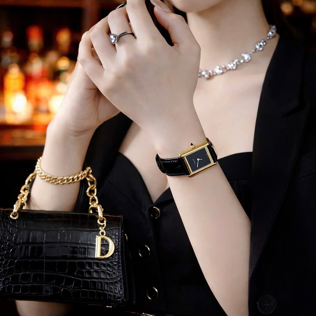 Đồng Hồ Cartier Tank Louis nữ vàng gold dây da đen fake cao cấp 24x32mm