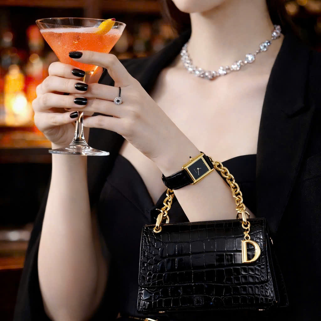 Đồng Hồ Cartier Tank Louis nữ vàng gold dây da đen fake cao cấp 24x32mm