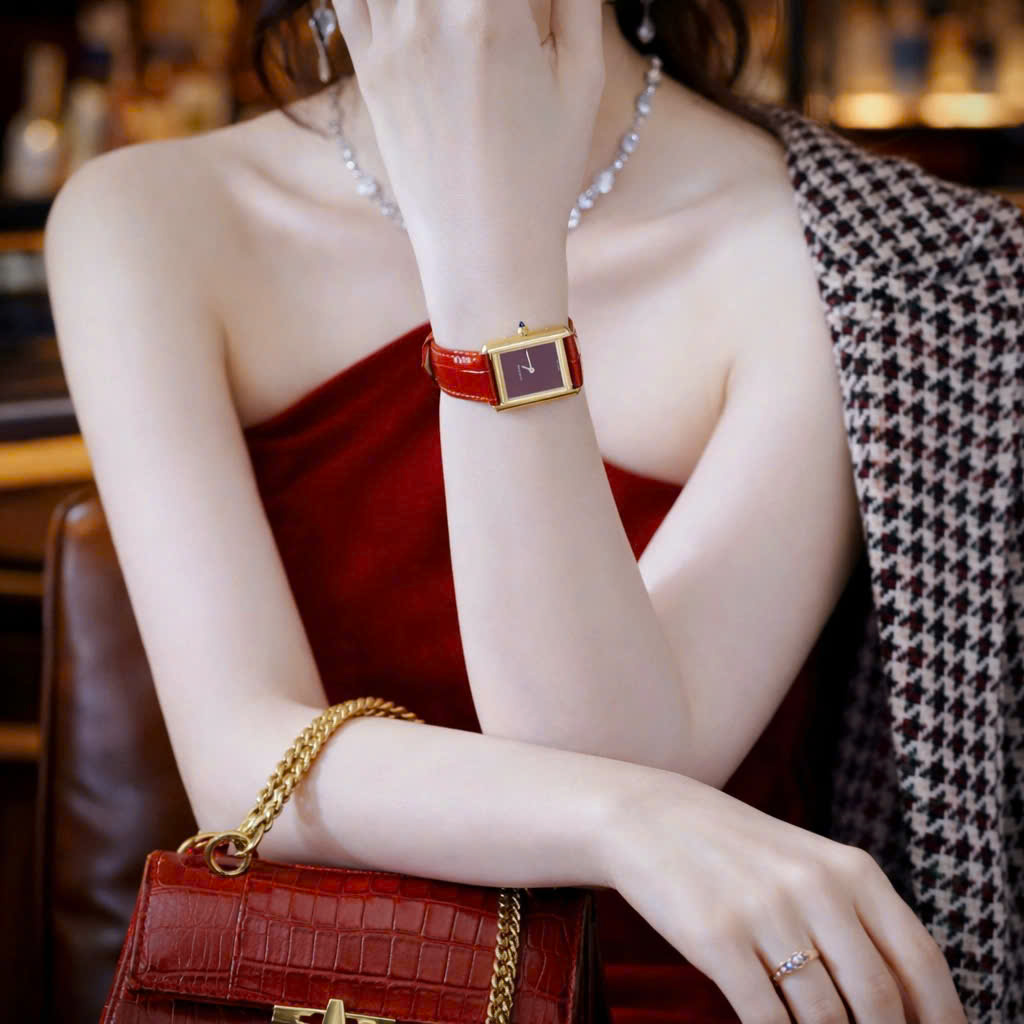 Đồng Hồ Cartier Tank Louis nữ vàng gold dây da đỏ máy quazt japan 24x32mm