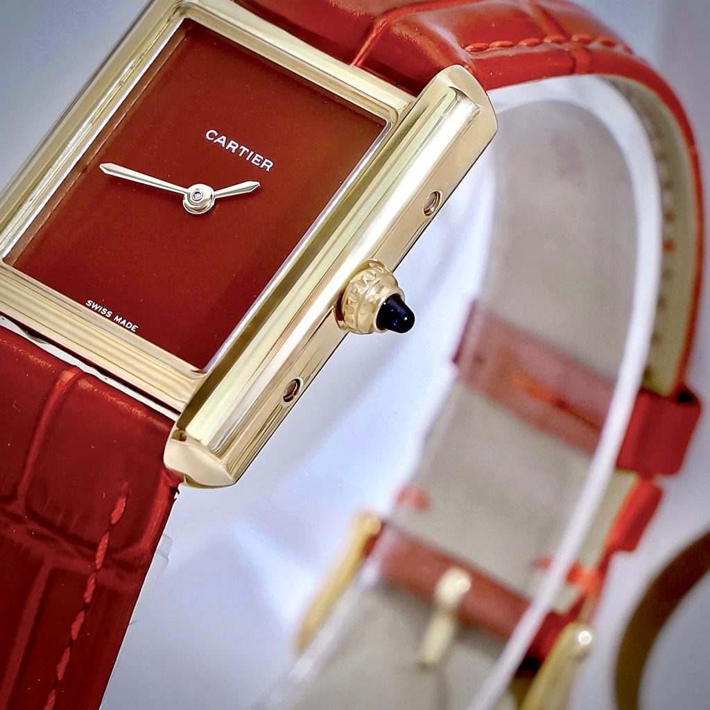 Đồng Hồ Cartier Tank Louis nữ vàng gold dây da đỏ máy quazt japan 24x32mm