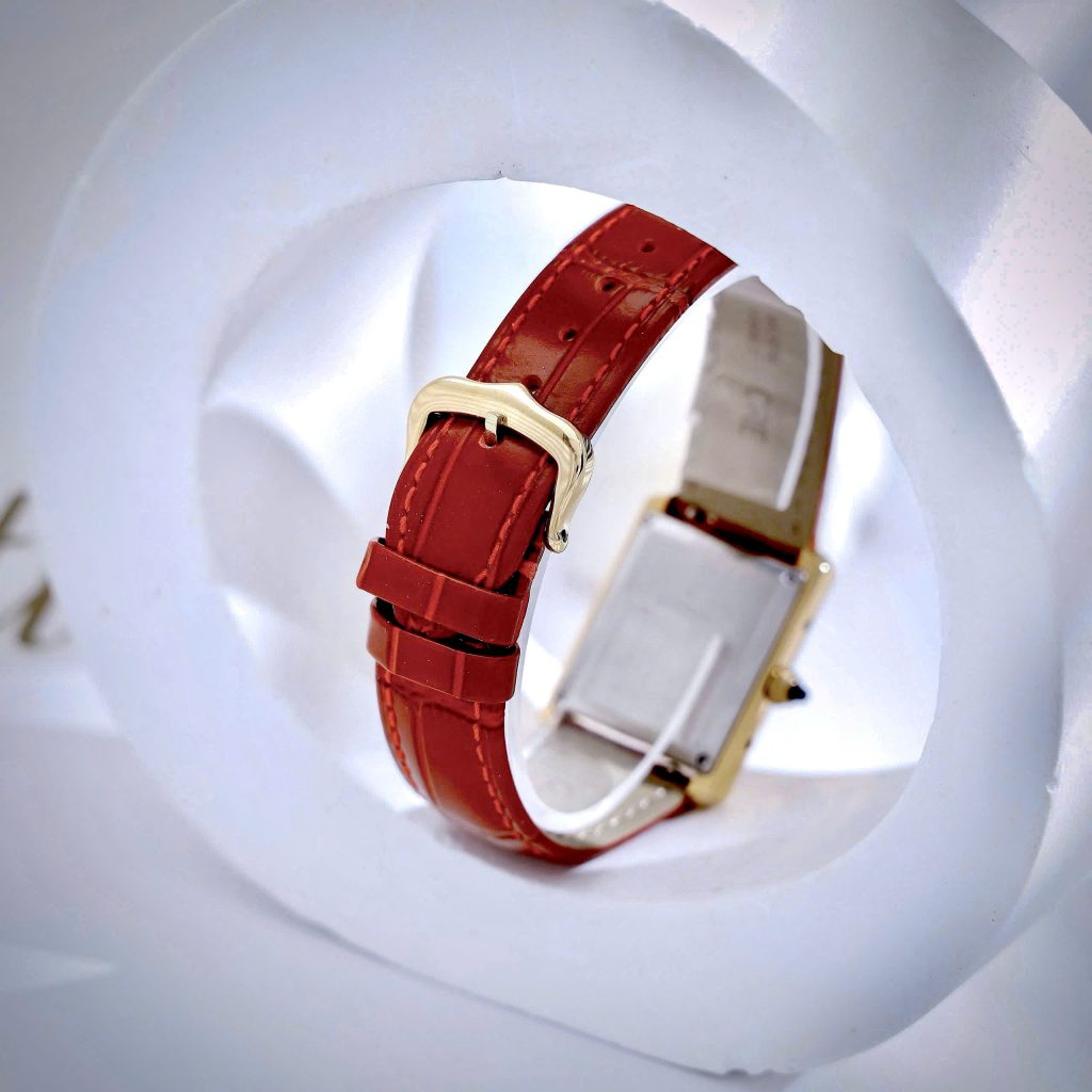 Đồng Hồ Cartier Tank Louis nữ vàng gold dây da đỏ máy quazt japan 24x32mm