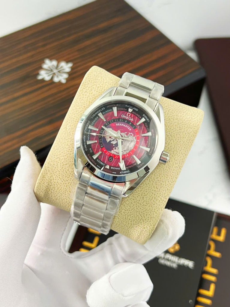 Đồng Hồ Omega Seamaster nam dây kim loại mặt bản đồ đỏ fake cao cấp 42mm (5)