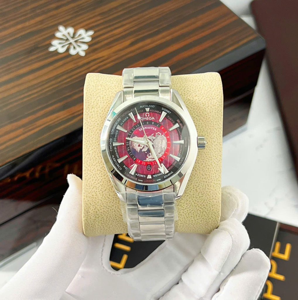 Đồng Hồ Omega Seamaster nam dây kim loại mặt bản đồ đỏ fake cao cấp 42mm (5)