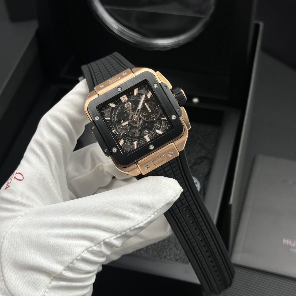 Đồng hồ Hublot Square Bang Unico King Gold Replica 11 mặt đen viền gốm 42mm (2)