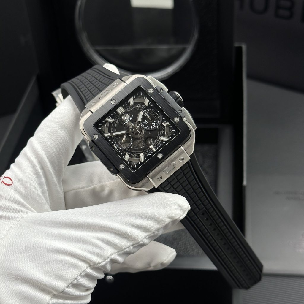 Đồng hồ Hublot Square Bang Unico Titanium Rep 11 viền gốm dây cao su 42mm (2)