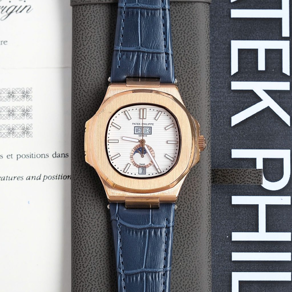 Đồng hồ Patek Philippe Nautilus 5726 Fake 11 nam mặt trắng dây da màu xanh dương 40mm (1)