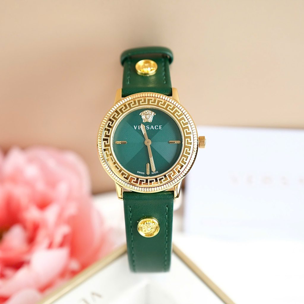 Đồng hồ Versace V-Tribute Like Auth nữ màu xanh lá cây dây da máy pin 34mm (2)