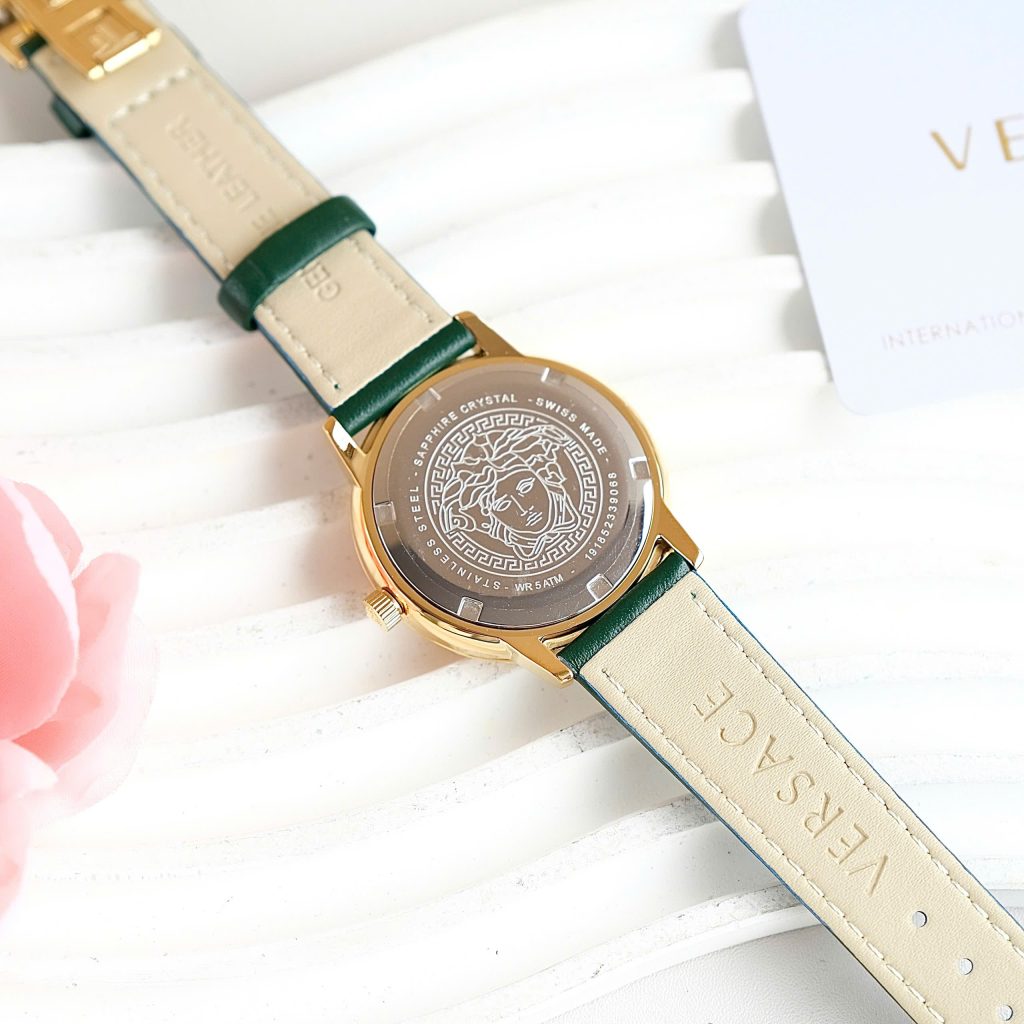 Đồng hồ Versace V-Tribute Like Auth nữ màu xanh lá cây dây da máy pin 34mm (2)
