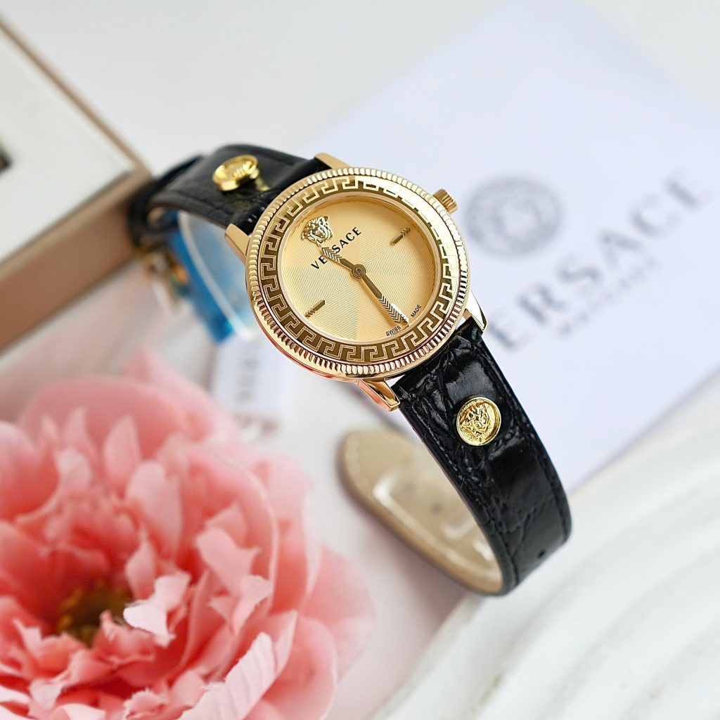 Đồng hồ Versace V-Tribute Replica 11 nữ mặt màu vàng dây da máy pin 34mm (2)