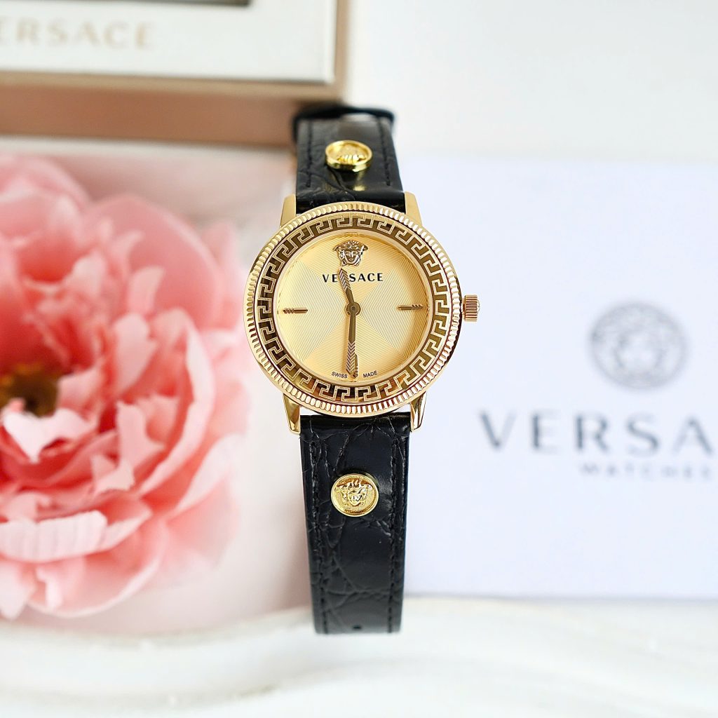 Đồng hồ Versace V-Tribute Replica 11 nữ mặt màu vàng dây da máy pin 34mm (2)
