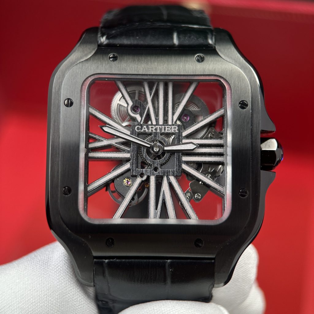 Đồng hồ nam Cartier Santos Rep 11 màu đen mặt lộ cơ MLF 39 (1)