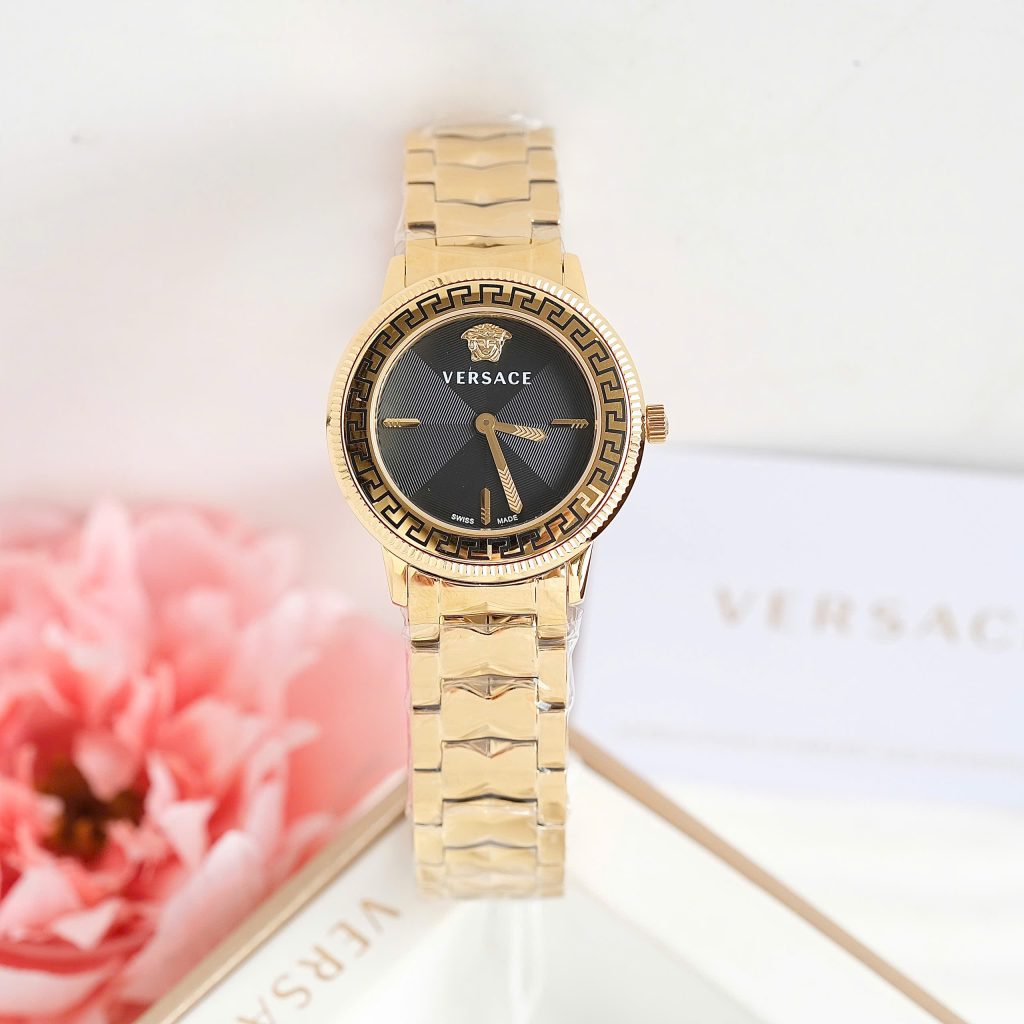 Đồng hồ nữ Versace V-Tribute Like Auth mặt đen vỏ mạ vàng 34mm