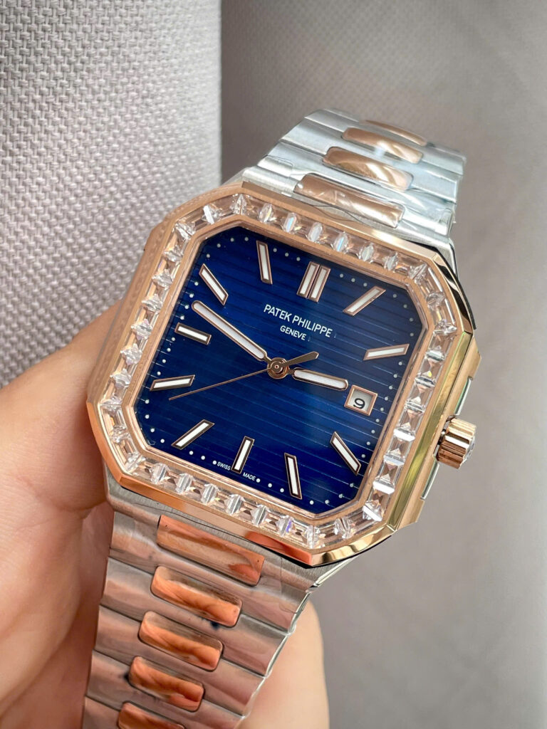 Đồng hồ Patek philippe 5821 nam demi mặt xanh đính đá baguette fake cao ...