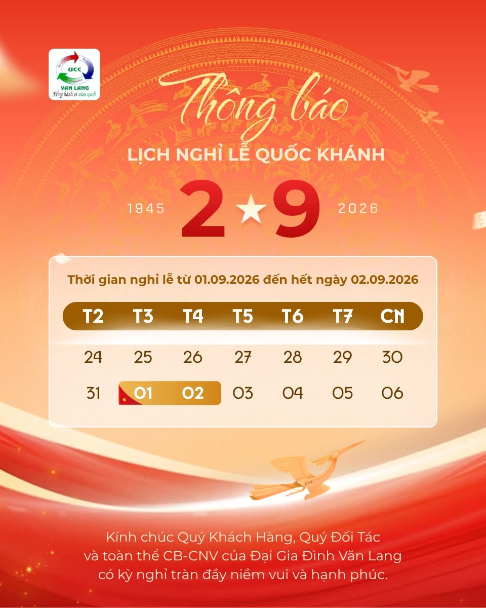 CÔNG TY MÔI TRƯỜNG VĂN LANG THÔNG BÁO LỊCH NGHỈ LỄ QUỐC KHÁNH 2-9