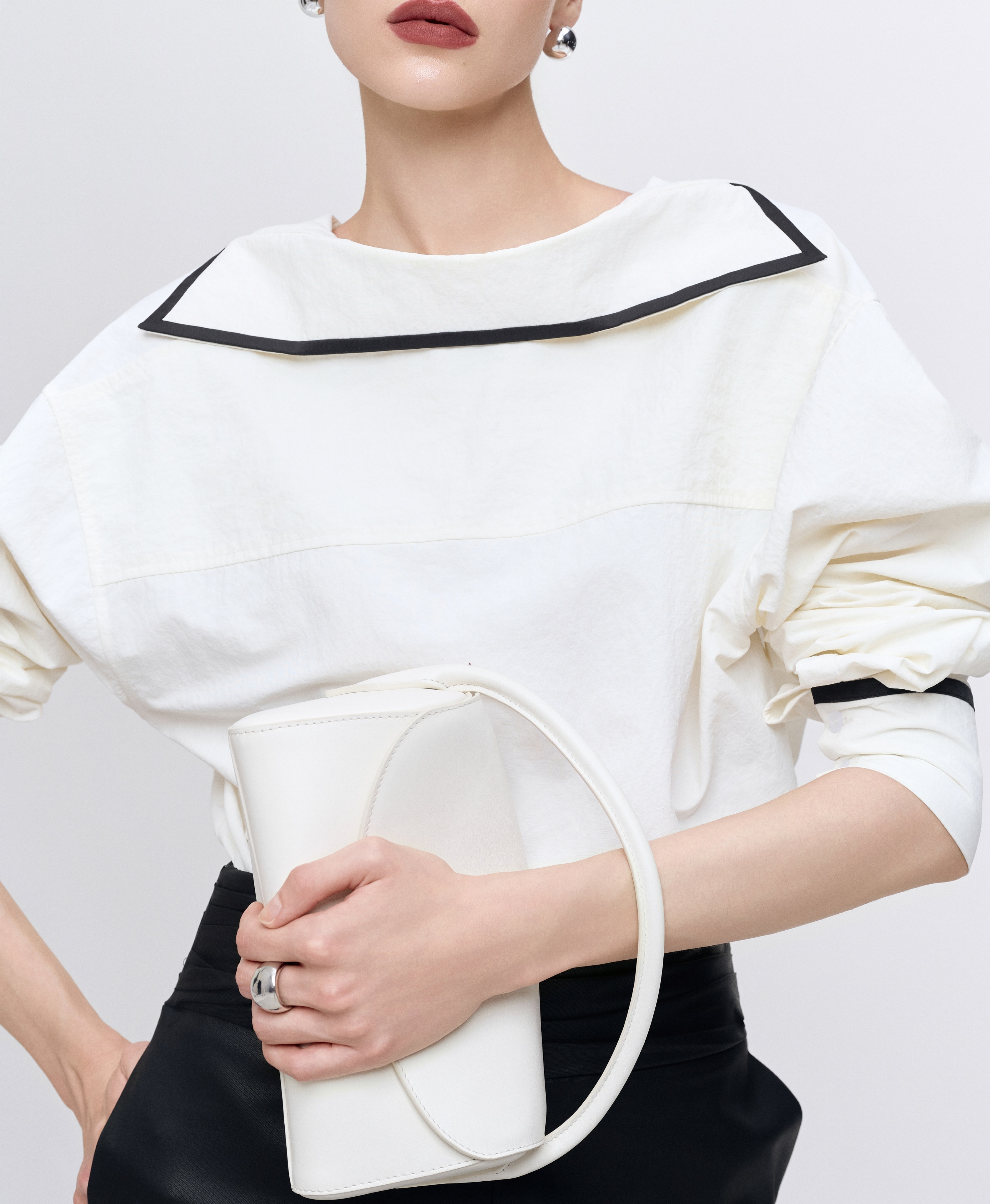 White Sailor Collar Blouse Black Wide Leg Pants