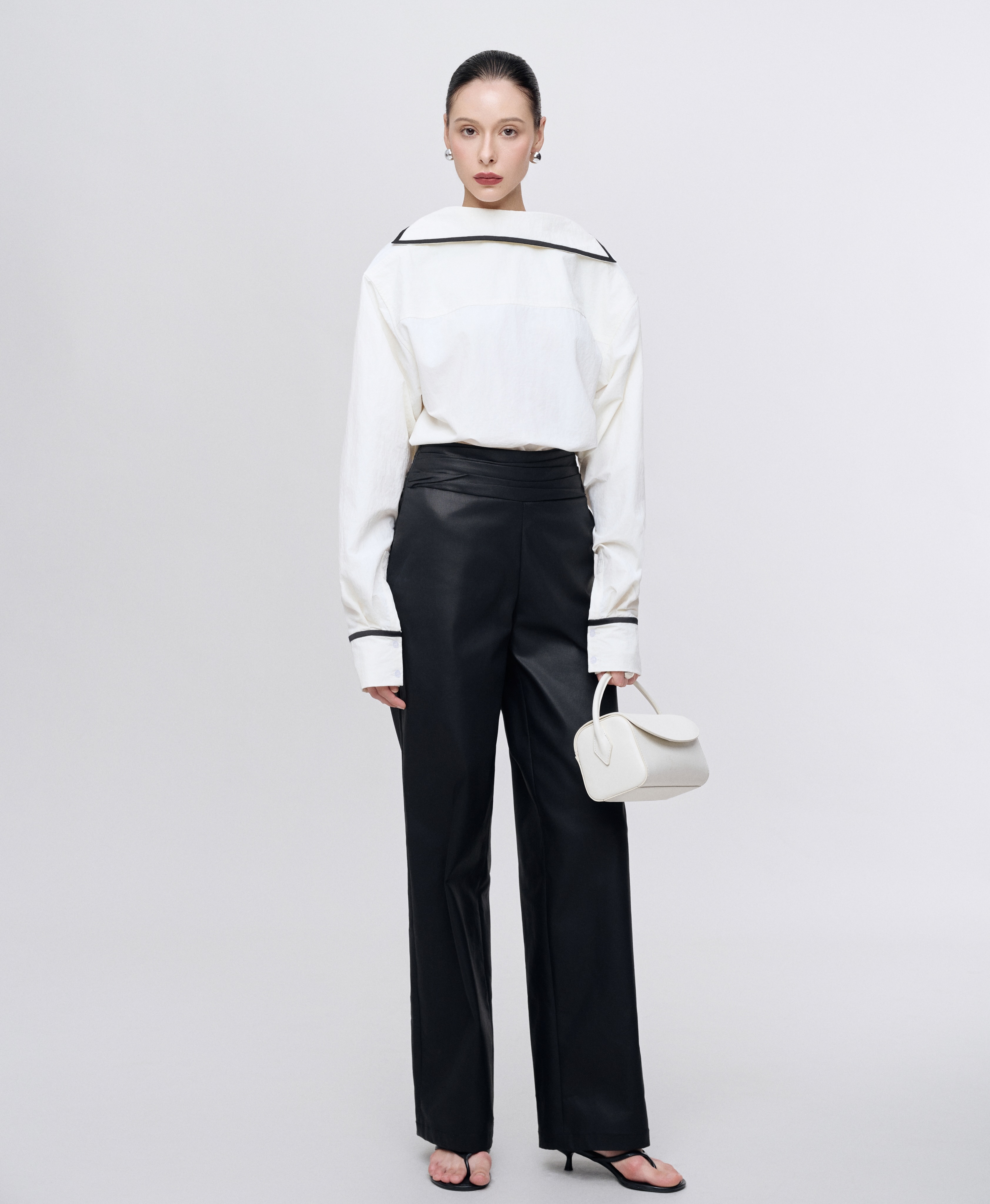White Sailor Collar Blouse Black Wide Leg Pants