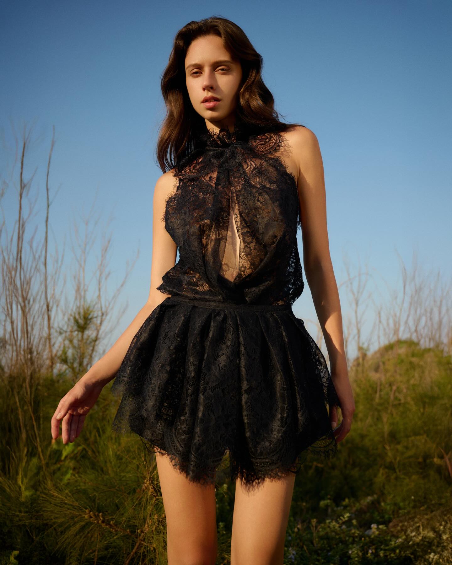Black Lace Ruffle Mini Dress _ TOP