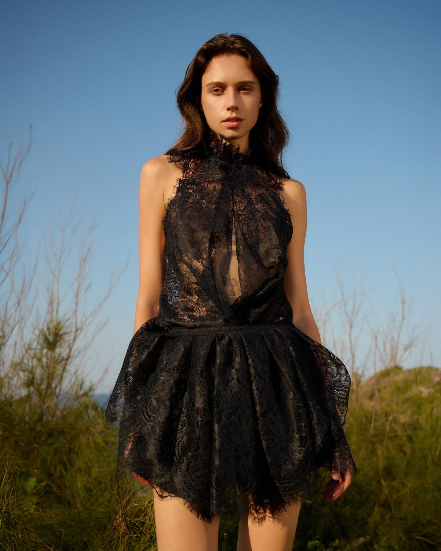 Black Lace Ruffle Mini Dress _ TOP