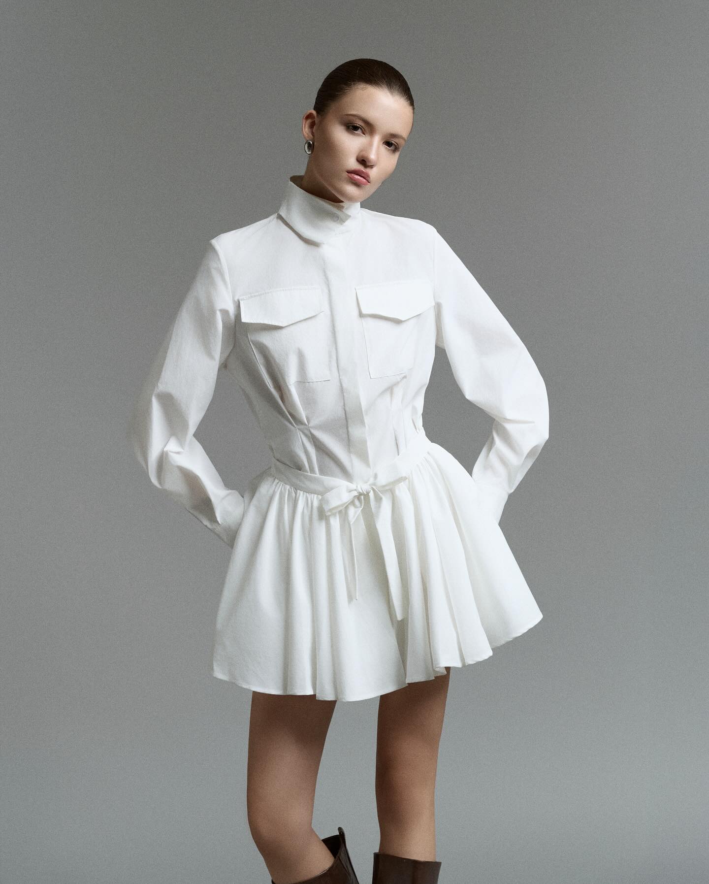 White Pleated Shirt Dress