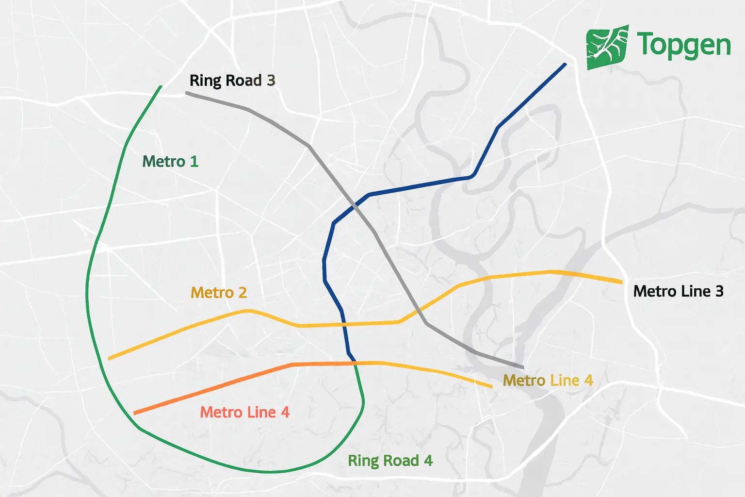 Bản đồ quy hoạch hạ tầng giao thông TPHCM với các tuyến metro và đường vành đai chính