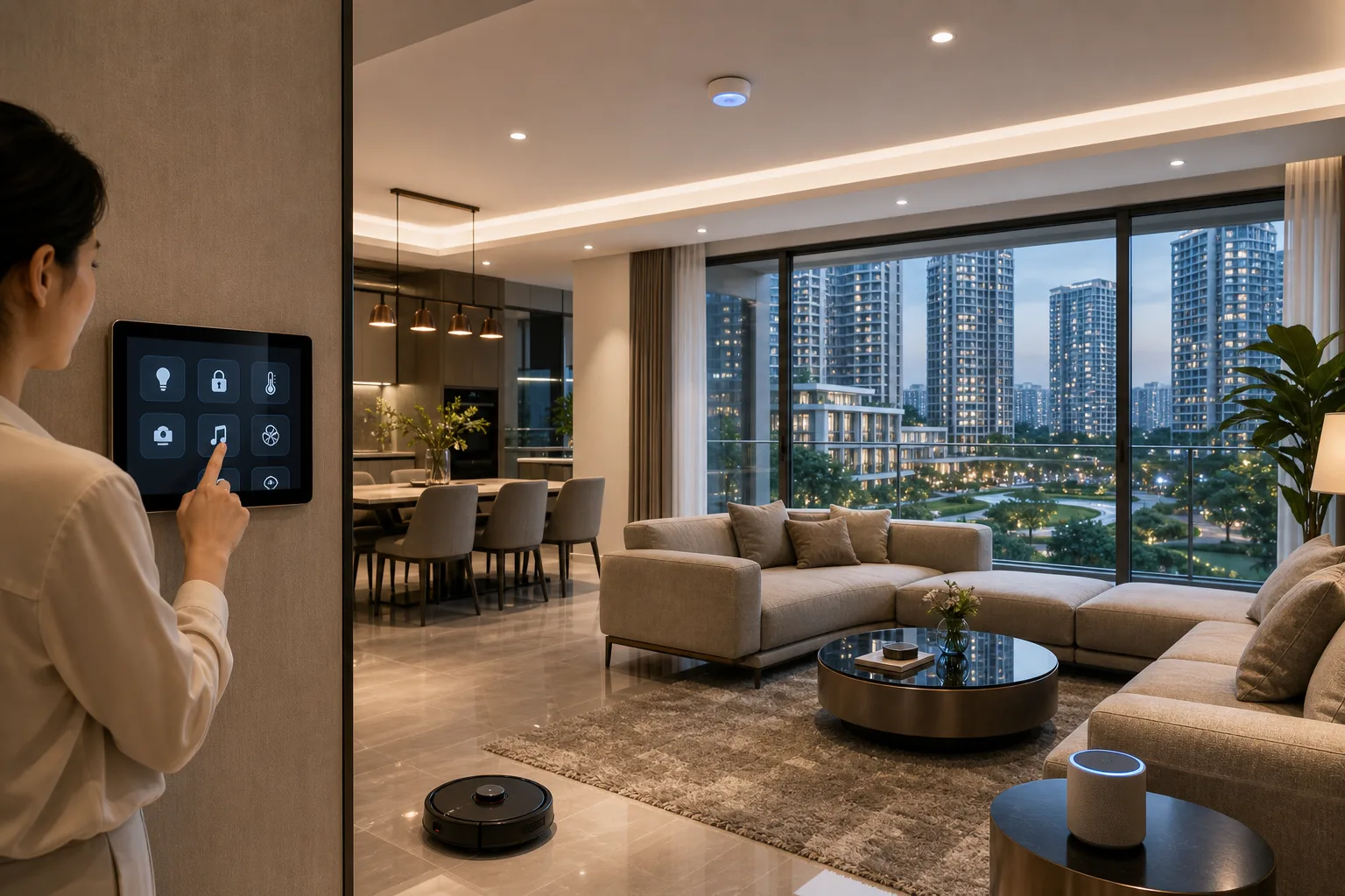 căn hộ thông minh với hệ thống điều khiển tự động, màn hình cảm ứng và thiết bị IoT hiện đại