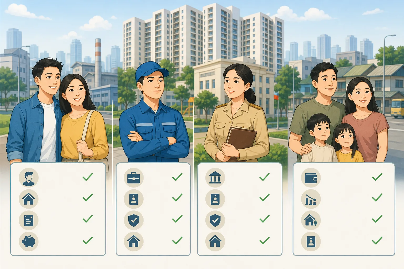 Infographic-style illustration showing different groups of people eligible to buy social housing in Vietnam: a young couple, a factory worker in uniform, a civil servant, and a low-income family, each with a small checklist of eligibility criteria beside them, clean flat design, Vietnamese urban background