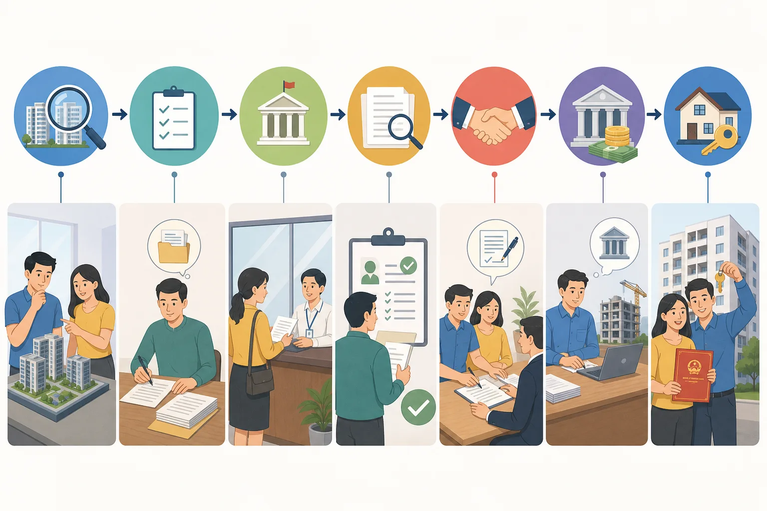 Step-by-step flowchart diagram illustrating the social housing purchase registration process in Vietnam, showing sequential steps from choosing a project to receiving the land use rights certificate, with icons representing documents, bank, government office, and house keys, flat design style