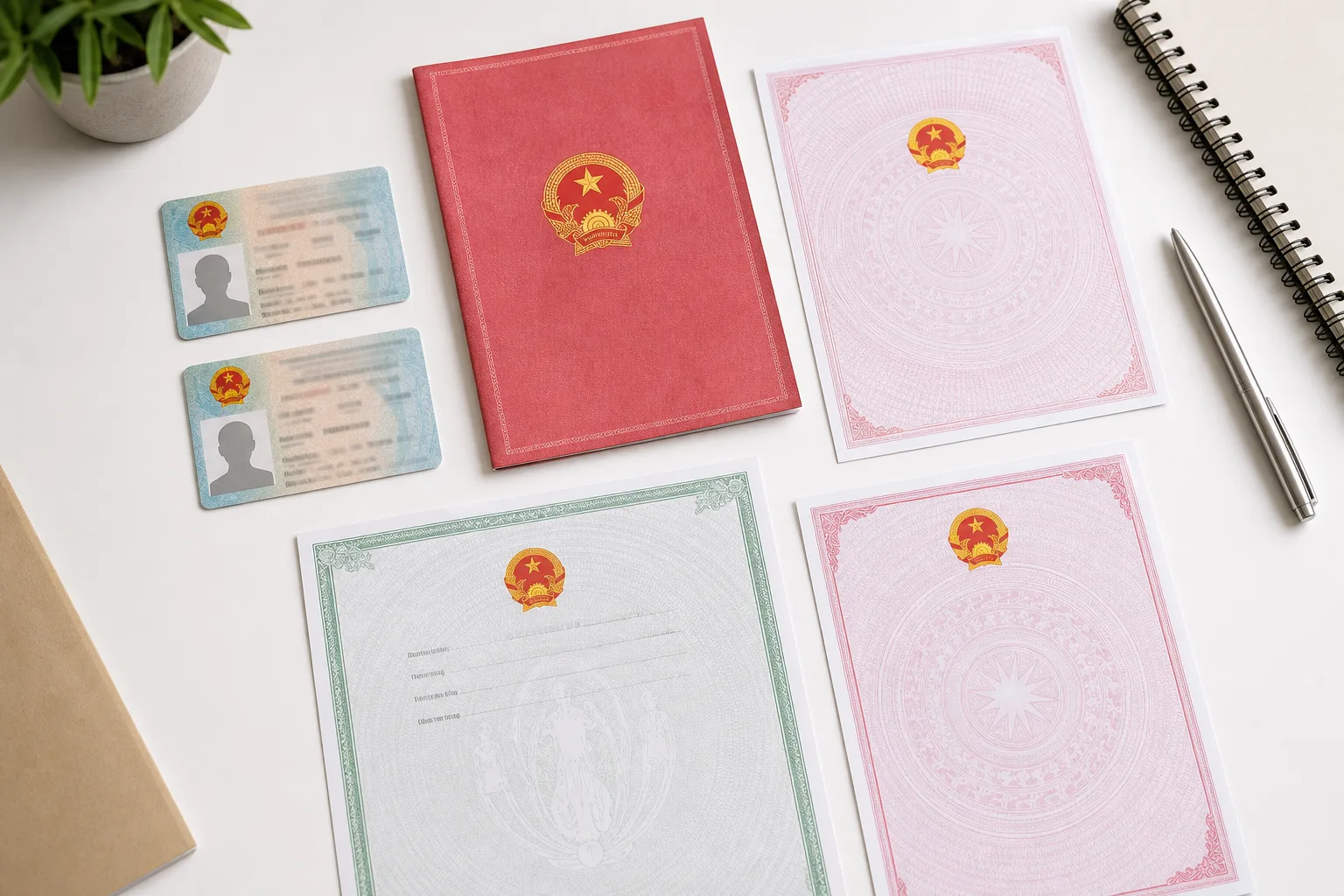 A flat lay of Vietnamese personal documents for social housing application: CCCD identity card, household registration book, marriage certificate, and birth certificate neatly arranged on a clean white desk, realistic photo style