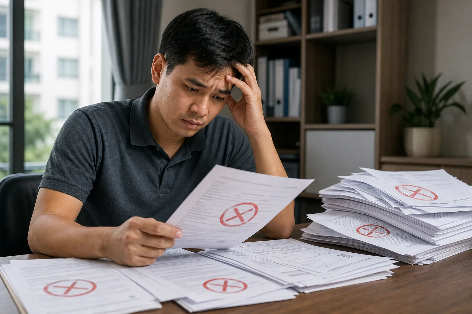 A Vietnamese person looking stressed while reviewing a stack of rejected housing application documents with red stamps, papers spread on a desk, realistic editorial photo style illustrating common application mistakes