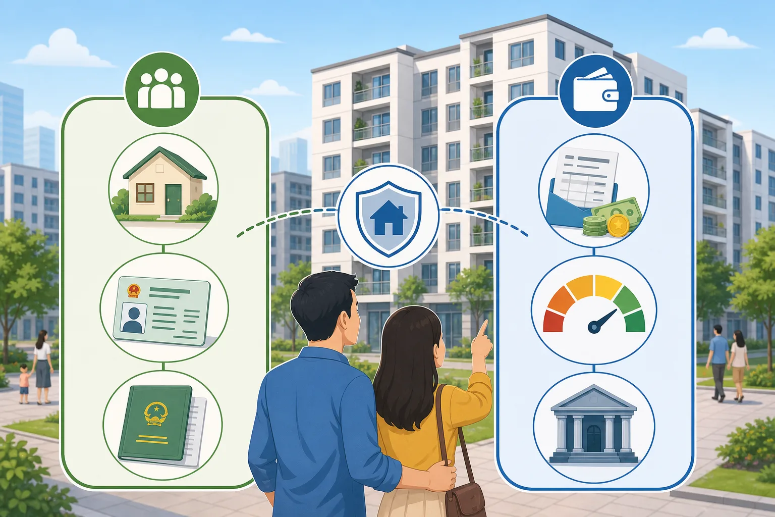 Infographic-style illustration showing two layers of loan eligibility requirements for Vietnamese social housing buyers: left side shows 'Điều kiện đối tượng' with icons of a house, ID card, and residency document; right side shows 'Điều kiện tài chính' with icons of a salary slip, credit score meter, and bank building. Clean flat design, blue and green color scheme, Vietnamese urban apartment complex in background.