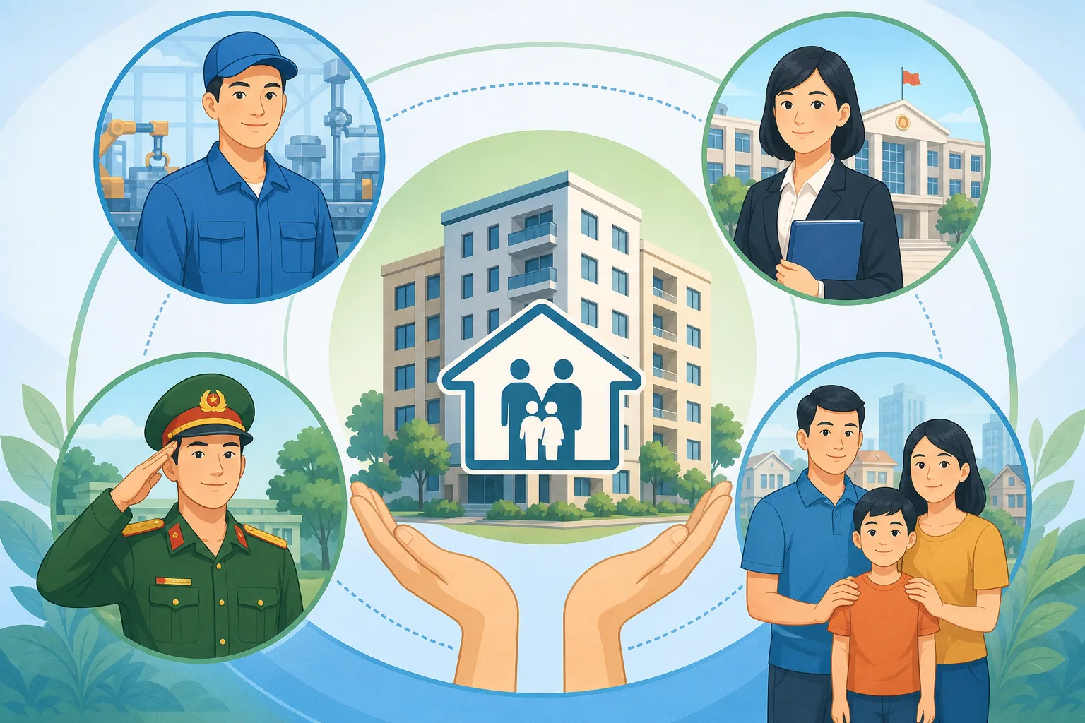 Infographic-style illustration showing different groups of people eligible to buy social housing in Vietnam: a factory worker in uniform, a government officer in formal attire, a military officer in uniform, and a low-income urban family, arranged around a central house icon with Vietnamese social housing label, clean flat design, blue and green color palette