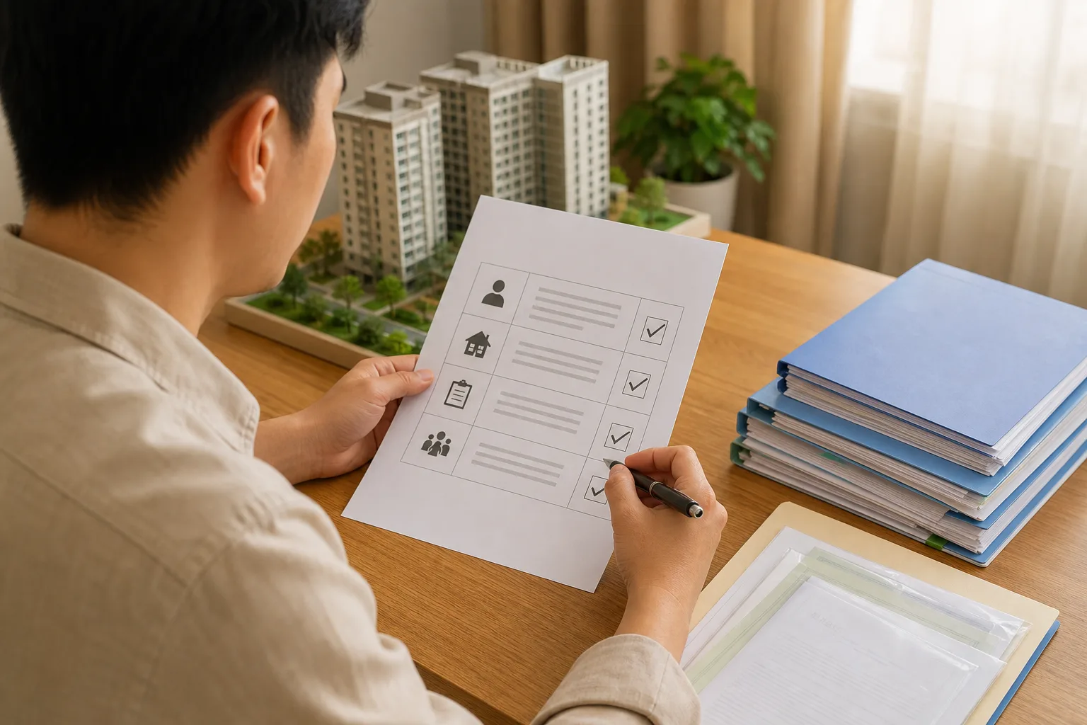 A Vietnamese person sitting at a desk reviewing a checklist document titled 'Điều Kiện Mua Nhà Ở Xã Hội' with checkboxes for income, housing status, and residency criteria, pen in hand, organized paperwork on desk, warm natural lighting, realistic photo style