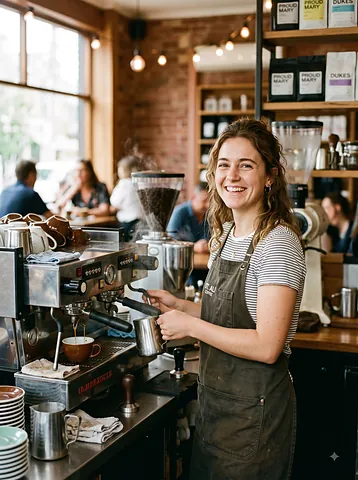 Barista smiling behind espresso