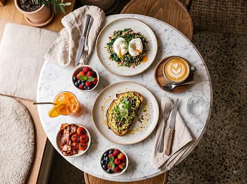 Brunch spread on marble table